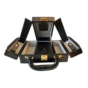 International Silver Co. Jewelry Box Travel Case Croc Embossed Black Patent